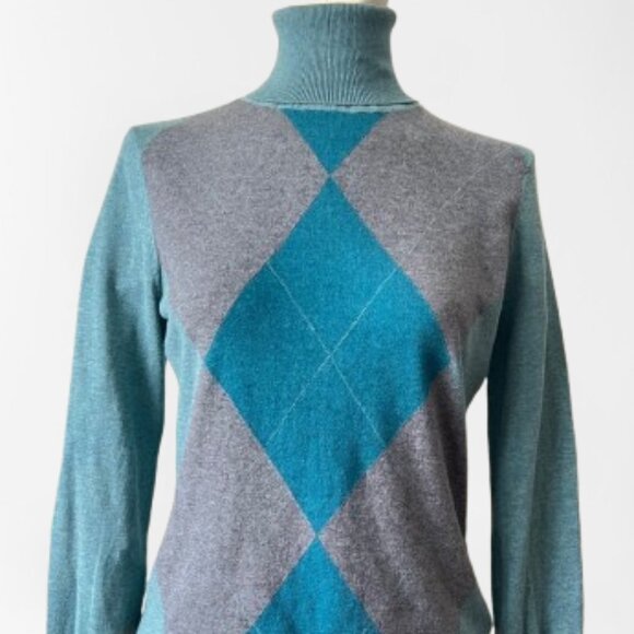 Y2K Argyle Turtleneck Sweater – Teal & Gray Cotton, Preppy Retro- Not worn - Picture 5 of 13
